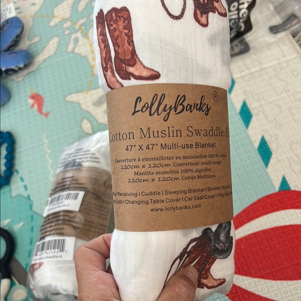 LollyBanks Cotton Muslin Swaddle Blanket with Cowboy Boot Print
